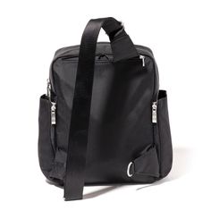 a black bag on a white background with straps around the bottom and side pockets