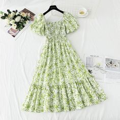 Pattern: Broken Flowers Size: s, m, l, XL Color: blue, green French Retro, Cottagecore Style, Elegantes Outfit, Dressy Outfits, Teenage Fashion Outfits, Print Chiffon, Slim Waist, Retro Dress, Spring Dresses