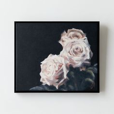 a painting of three white roses on a black background