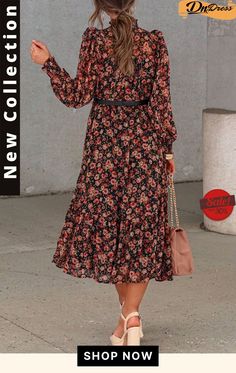 Floral Smocked Midi Dress Fall Knee-length Dress With Smocked Bodice, Chic Knee-length Smock Dress, Casual Floral Maxi Dress With Smocked Back, Spring Dress With Smocked Bodice, Non-stretch, Spring Dresses With Smocked Bodice And Non-stretch Fit, Casual Smocked Maxi Dress For Fall, Flowy Midi Dress With Smocked Cuffs For Day Out, Casual Floral Dress With Ruffle Hem, Fall Midi Dress With Smocked Bodice, Knee-length