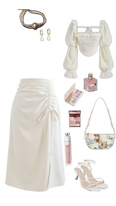 a woman's white outfit with accessories including shoes, handbag and necklaces