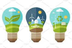 three light bulbs with different types of green things in them, one is blue and the other