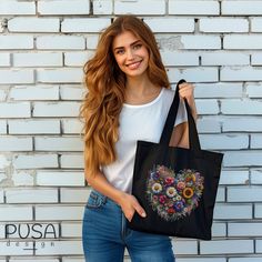 This 100% cotton bag comes in one size - 15" x 16"- perfect for everyday wear.  It's durable and will last for years. The bag features 20" handles (made from the same canvas), making it easy to carry even with a week's worth of shopping. ✿ 100% cotton canvas. Made from spun fibers that make a very strong and durable fabric ✿ Available in natural and black colors ✿ Heavy fabric (12 oz/yd² (406.9 g/m ✿ Flat corners. The front and back sides are sewn together without any extra space inside ✿ Care instructions ✿ Do not iron directly over the printed area - print may stick to the iron.; Spot clean; Do not bleach; Line dry. ✿ SIZING ✿ Height  15.00 in / 38.10 cm Length 16.00 in / 40.64 cm Handle height 20.00 in / 50.80 cm ✿ DELIVERY TIMES ✿ We take about 1-5 business days to create the items. Ev Flower-shaped Cotton Shoulder Bag For Everyday Use, Flower Shaped Cotton Shoulder Bag For Everyday Use, Cotton Flower-shaped Shoulder Bag For Everyday Use, Everyday Cotton Flower-shaped Shoulder Bag, Floral Print Cotton Bag For Gift, Floral Print Cotton Bags For Gifts, Cotton Floral Print Bag For Gifts, Canvas Making, Trendy Flowers