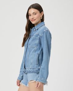 This perfectly oversized denim jacket is crafted from super soft denim with just the right amount of stretch. Felix comes in a vintage-inspired distressed light wash with a let down hem, angled welts, and silver buttons. | Felix Jacket - Tegan Distressed Blue | Size Small Spring Medium Wash Denim Jacket, Washed Blue Distressed Denim Jacket In Relaxed Fit, Relaxed Fit Washed Blue Distressed Denim Jacket, Relaxed Fit Washed Blue Outerwear With Frayed Hem, Relaxed Fit Distressed Washed Blue Denim Jacket, Light Wash Cotton Denim Jacket With Frayed Hem, Relaxed Fit Medium Wash Denim Jacket With Frayed Hem, Relaxed Fit Light Wash Denim Jacket With Frayed Hem, Relaxed Fit Denim Outerwear With Frayed Hem