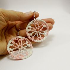 "Handmade folk lace earrings for your bohemian spirit. Bright and lightweight peach and white crocheted earrings are the perfect little pop of color.  These earrings are hand crocheted with 100% cotton yarn over a silver plated loop. They are attached to silver plated hook earrings. Dimension: about 4 cm/ 1.57 inches in diameter.  Total length of earrings (including ear wires) is 6 cm/ 2.35 inches. They are already made and ready for shipping. They will be sent in a lovely box and bubble wrap en Bohemian Crochet Jewelry For The Beach, Bohemian Crochet Jewelry For Beach, White Bohemian Pierced Jewelry, White Bohemian Dangle Jewelry, Bohemian Crochet Beach Jewelry, Bohemian White Dangle Jewelry, Bohemian Style White Single Earring, Summer White Hypoallergenic Jewelry, Hypoallergenic White Summer Jewelry