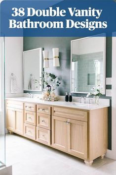 White framed vanity mirrors hang from a hunter green painted wall on either side of white and gold sconces fixed above a golden oak dual bath vanity. Double Vanity Bathroom Ideas, Vanity Bathroom Ideas, Shiplap Trim, Gold Sconces, Double Bath, Bronze Sconces