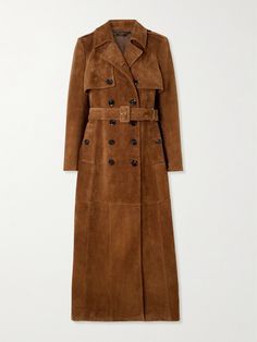 TOM FORD's coat is modeled on traditional trench styles - it's complete with hallmark details like shoulder epaulettes, storm flaps and a waist-cinching belt. It's been made in Italy from suede and has a classic double-breasted front and smoothing lining for easy layering. Suede Trench Coat Street Style, Luxury Brown Straight Leg Jeans, Luxury Ralph Lauren Winter Blazer, Banana Republic Brown Coat, Luxury Vintage Leather Sport Coat, Chic Brown Luxury Mid-calf Boots, Luxury Retro Brown Sport Coat, Luxury Brown Boots For Workwear, Luxury Vintage Brown Sport Coat