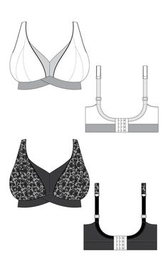 three bras with straps on each side and one in black, white and grey