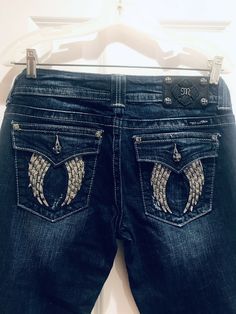 MISS ME Signature Boot Stretch Women's jeweled angel wings back pockets Denim Jeans ~ Size 29 ~ NWOT! Dark Fabric, Blue Denim Jeans, Denim Fabric, Miss Me, Pocket Design, Rock Revival Jean, Angel Wings, Waist Size, Storage Space