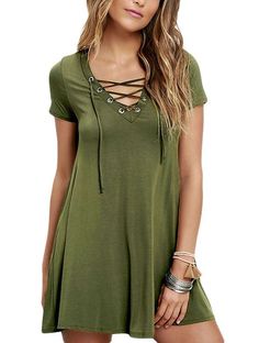 Army Green Casual Lace-up Swing Dress Casual Mini Dress With Lace-up Back, Summer Short Sleeve Mini Dress With Lace-up Back, Short Sleeve Mini Dress With Lace-up Back For Summer, Short Sleeve Summer Dress With Lace-up Back, Summer Short Sleeve Dress With Lace-up Back, Summer Dresses With Lace-up Back And Short Sleeves, Babydoll Dress Outfit, Dress Outfit Casual, Babydoll Style Dress