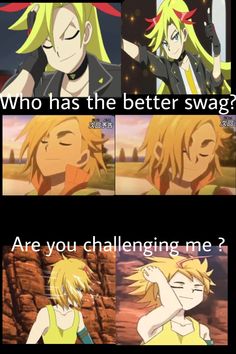 anime memes with the caption saying who has the better swag? are you challenging