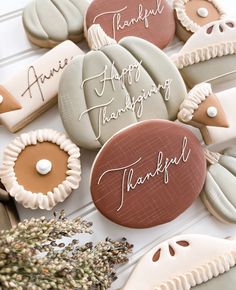 decorated cookies with the words happy thanksgiving written on them