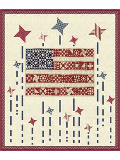 an american flag quilt with red, white and blue stars in the center on a beige background