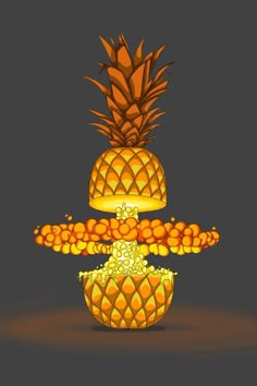 a pineapple is sitting on top of a stand with oranges and other fruit