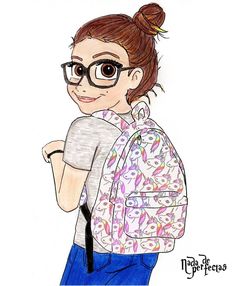 a drawing of a girl with glasses and a backpack on her back, looking at the camera