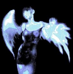 an angel with blue wings on a black background