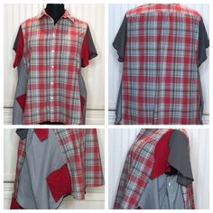 four different pictures of the same shirt, one with red and grey plaid on it