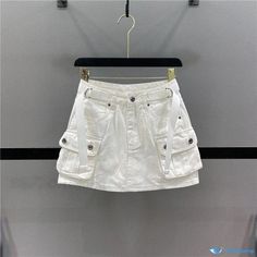 Orcajump - High-Waisted Denim Skirt with Belt, Stylish Loose Fit, Pocket Design, and Trendy Midi Length White Denim Skirt With Pockets, Denim Skirt With Belt, High Waisted Denim Skirt, Skirt With Belt, White Denim Skirt, Cloth Belt, Pleated Maxi Skirt, Sequin Cocktail Dress, Skirt With Pockets