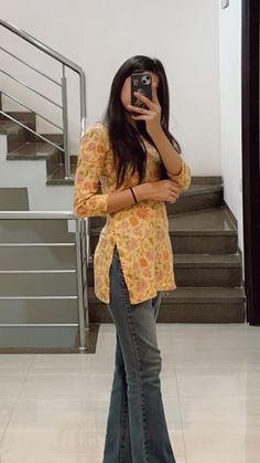 #kurtibellbottomjeans #summerfit shuffles #summercolor #floral #yellowmist #mirrorpic #yellowandbluecombo#collageinspo shuffles Short Top On Jeans, Floral Short Kurti On Jeans, Suit And Jeans Women, Bell Bottom Jeans With Kurti, College Wear Kurtis With Jeans, Shot Kurtis With Jeans, Short Kurti For Jeans, How To Style Short Kurti With Jeans, Kurti With Jeans Outfit Ideas