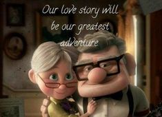 an older man and woman are hugging in front of a mirror with the caption, our love story will be our greatest adventure