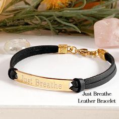 Just Breathe leather friendship bracelet, Engraved inspiration jewelry, Religious adjustable leather bracelet, Confirmation gift. MATERIAL Stainless steel - Gold * Silver Flat leather - 3mm OPTION MENUS Select Metal finish and bracelet size Select Leather color All our jewelry and gifts are custom made and packaged in complimentary gift boxes.  Everything ships in 1-3 business days. Thanks so much for stopping by & God Bless! Gold Leather Bracelet, Leather Friendship Bracelet, Silver Flats, Random Ideas, Confirmation Gifts, Wedding Jewelry Bracelets, Leather Bracelets, Just Breathe, Wedding Bracelet