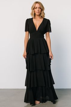 Montaigne Ruffle Maxi Dress | Black Fitted Chiffon Dress With Tiered Ruffles, Fitted Tiered Chiffon Dress With Ruffles, Fitted Tiered Chiffon Dress, Black Ruffled Maxi Dress For Gala, Black Chiffon Party Dress, Tiered Chiffon Party Dress, Flirty Fitted Tiered Maxi Dress, Black Maxi Evening Dress With Ruffles, Elegant Black Chiffon Prom Dress