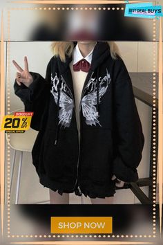 Women Hip Hop Streetwear Hoodies Autumn Butterfly Print Oversized Hooded Coat Goth Harajuku Y2k Grunge Punk Zipper Jacket Oversized Hooded Jacket, Hiphop Streetwear, Gothic Jackets, School Outfit Women, Outfit Hoodie, Streetwear Sweatshirt, Hooded Jacket Men, Oversize Women, Y2k Clothes