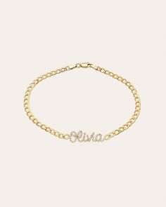 Personalize this fun diamond name bracelet on a 14k yellow gold cuban link chain. Wear it up or down by itself or layered, this bracelet will be your new obsession. Note: For character selection of 6 letters or more, the name will feature a slight curve in order to contour wrist comfortably. This style can accommodate up to 8 characters Initial Height: Approx. 5mm Initial Thickness: Approx. 1mm Font choices: Block, Standard Script, and Gothic Standard Production: 5-10 business days Rush Order Pr Gold Cuban Link Chain, New Obsession, Name Bracelet, Cuban Link Chain, Cuban Link, Personalized Necklace, Ring Bracelet, Link Chain, Ring Earrings