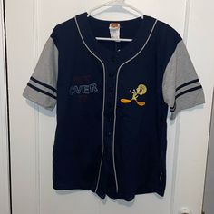 Looney Tunes Vintage Baseball Short Sleeve Button Down Top. Embroidered Tweety Bird And Get Over It. Navy Blue And Gray. Size Small. Pit To Pit Approx 20.5 Inch. Nwt. 10 Blue Crew Neck Shirt With Button Closure, Blue T-shirt With Button Closure And Crew Neck, Blue Crew Neck T-shirt With Buttons, Casual Blue T-shirt With Buttons, Harry Potter Onesie, Looney Tunes Tweety, Button Collar Shirt, Baseball Shorts, Harry Potter Shirts