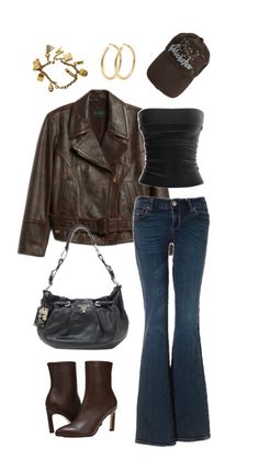 brown leather jacket, black tube top, low waisted jeans, denim jeans, hat, cap, brown hat, gold charm bracelet, y2k, 2000s, dark academic, brown boots, black bag, prada bag Acedamia Outfits, Y2k Dark Academia, Y2k Winter Outfits, Fit Aesthetic, Silly Clothes, Dark Academia Outfit, Love Pinterest, Thrifted Outfits