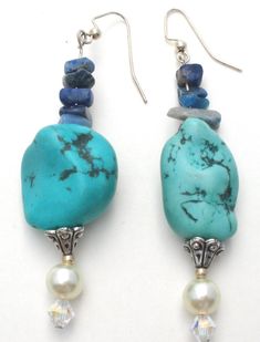 Turquoise Sodalite & Pearl Earrings Vintage Adjustable Blue Pearl Drop Jewelry, Bohemian Blue Beaded Earrings With Natural Stones, Blue Pearl Drop Bohemian Earrings, Blue Bohemian Pearl Drop Earrings, Blue Beaded Earrings With Natural Stones, Chip Bead Jewelry, Aurora Borealis Crystal, Blue Sodalite, Diy Rings