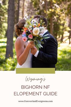 a bride and groom kissing in the woods with text overlay that reads wyoming's bighorn nf development guide