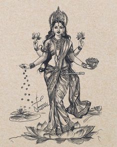 a drawing of a woman holding flowers in her hand and standing on top of a leaf