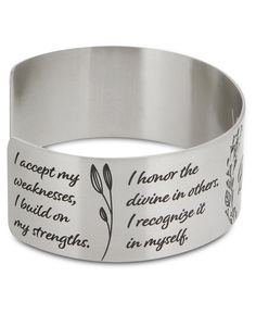 Each time you wear this ring is a chance to offer your gratitude for the abundant blessings in your life."I accept my weaknesses, I build on my strengths.I honor the divine in others. I recognize it in myself.I count my abundant blessings. I offer my gratitude.I trust my path. I keep my faith in all that I have"* Inspirational wide cuff bracelet* "I am blessed"* Made of stainless steel* Measures 6.5" around, 1" wide* Open band adjusts to fit most wrists Meaningful Faith-inspired Bracelet Jewelry, My Strengths, Buddha Groove, Wide Cuff Bracelets, I Am Blessed, I Trust, Wide Cuff, The Divine, Cuff Bracelet