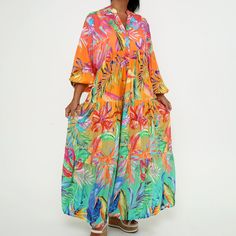 Embrace Your Inner Boho Fashionista With This Stunning Women's Tropical Print Maxi Dress By Lacocosh Usa. The Dress Features A Vibrant Multicolor Floral Pattern That Is Perfect For Any Summer Or Fall Occasion, Whether It Be A Casual Day Out Or A Party/Cocktail Event. The V-Neckline And Long Sleeves Add A Touch Of Elegance To The Dress, While The Tiered Design And Plus Size Fit Ensure A Comfortable And Flattering Fit For All Body Types. Made From High-Quality Viscose Material, This Dress Is Both Tropical Print Maxi Dress, Cocktail Event, Usa Dresses, Plus Size Fits, Viscose Fabric, Shades Of Orange, Tropical Print, Fall Dresses, Body Types