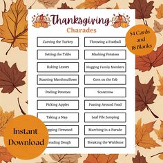 "Gather your loved ones for a Thanksgiving filled with laughter and entertainment with our Thanksgiving Charades Party Game. It's an activity suitable for all ages and adds a dash of fun and festivity to your Thanksgiving celebrations, whether it's with family or friends at Friendsgiving! Included: ~Three Thanksgiving Charades 8.5x11\" sheet (.pdf) ~ One Blank Charades 8.5x11\" sheet (.pdf) Thanksgiving Game Bundle: https://www.etsy.com/listing/1604873343 Note: This is an INSTANT DOWNLOAD. No physical product will be shipped. Due to the nature of this transaction, I cannot offer any refunds or exchanges on your purchase. How it works: * Purchase this listing * After your payment is confirmed, download your files directly from Etsy. Go to https://www.etsy.com/your/purchases to find your rea Thanksgiving Charades For Adults, Thanksgiving Activities For Family Fun, Thanksgiving For Couples, Thanksgiving Charades For Kids, Charade Ideas Funny, Friendsgiving Ideas Games, Friendsgiving Games For Adults, Thanksgiving Games For Family, Kids Friendsgiving