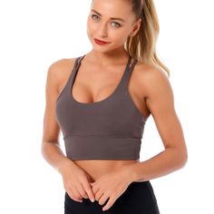 The EMES SHOP sports bra is detailed with a scoop neckline. Features double racerback straps that crossover the open back. This lightweight. breathable. quick-drying sports bra is perfect for your next gym session or yoga class.MATERIAL:85% Nylon 15% SpandexMEASUREMENTS:Small : 4-6 Waist: 25-26.5 in Chest: 33-34.5 in Medium : 6-8 Waist: 26.5-28 in Chest: 34.5-36 in Large : 8-10 Waist: 28-29.5 in Chest: 36-37.5 in X-Large : 10-12 Waist: 29.5-31 in Chest: 37.5-39 in T-back Sports Bra With Medium Bust Support For Yoga, Sporty T-back Activewear For Light Exercise, Compressive T-back Activewear For Workout, Solid Color Sports Bra With Built-in Bra, Racerback, Functional Sports Bra With Built-in Bra For Gym, Functional T-back Sports Bra For Workout, Workout Gray Tank Top With Built-in Bra, Gray Workout Tank Top With Built-in Bra, Cross Back Sports Bra With Built-in Bra For Training