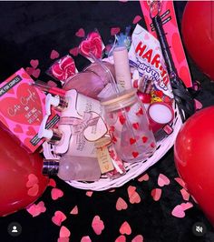 a basket filled with lots of valentine's day items