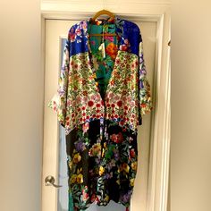 Nwt/Stunning,Boho Chic, Johnny Was 100% Silk Flower Panya Reversible Shawl Collar Kimono. Concealed Front Closure On Both Sides/Side Slits At The Bottom. One Side Features A Floral Print Colorblocked Print Of Various Flowers, The Reverse Side Butterflies,Hibiscus,Lilies, Leaves & Other Flowers. A Gorgeous Piece Of Art! Xl Long Kimono Jacket, Embroidered Coat, Embroidered Kimono, Velvet Kimono, Jacquard Jacket, Boho Jacket, Floral Jacket, Blue Denim Jacket, Long Kimono