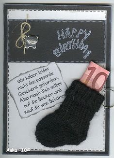 a birthday card with a sock and money