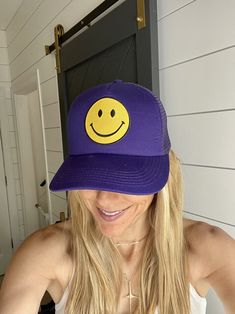 Adorable and so much fun!! This Smiley Face Vintage Trucker hat sits high for that cool Cali surfer vibe. Fully adjustable, foam backing with cotton front, trucker style with a mesh back. Perfect for the beach, sun, or just a bad hair day. Get ready for Summer!! Adjustable Baseball Cap With Smiley Face, Adjustable Smiley Face Cap, Trendy Smiley Face Cap, Fun Smiley Face Cap, Adjustable Fun Hat With Smiley Face, Adjustable Smiley Face Fun Baseball Cap, Fun Smiley Face Hat One Size, Playful Snapback Hat With Smiley Face, Fun Snapback Baseball Cap