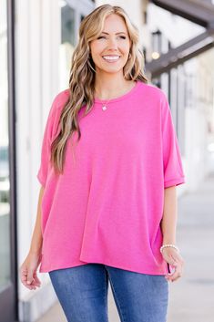 Introducing our Serene Breeze Top in pink! Made with a lightweight textured fabric, this top is perfect for a casual yet chic look! Whether paired with jeans or a skirt, it's the perfect piece to effortlessly elevate your style! 80% Polyester, 15% Rayon, 5% Spandex Spring Solid Color Tops For Day Out, Solid Color Tops For Spring Day Out, Versatile Solid Color Spring Top, Versatile Solid Color Tops For Loungewear, Feminine Solid Color Short Sleeve Tops, Relaxed Fit Solid Color Tops For Spring, Pink Short Sleeve Cotton Knit Top, Versatile Pink Tops For Day Out, Pink Solid Color Crew Neck Top