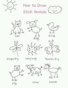 how to draw stick animals for kids with pictures and instructions on the back side,