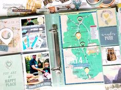 a scrapbook with many different pictures and words on the pages, including an image of a map