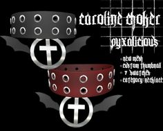 three different bracelets with crosses on them and bats around the edges, all in black