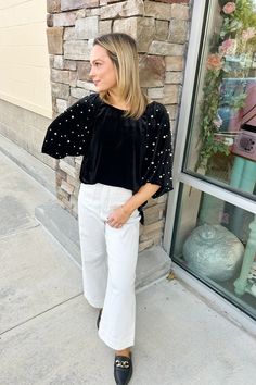 Pretty in pearls 🤩😊 Elegant Velvet Blouse For Fall, Elegant Black Velvet Blouse, Elegant Long Sleeve Velvet Blouse, Elegant Blouse With 3/4 Blouson Sleeves, Elegant Top With 3/4 Sleeves For Party, Elegant Velvet Evening Blouse, Elegant Blouse With 3/4 Sleeves For Night Out, Elegant 3/4 Sleeve Blouse For Night Out, Elegant Blouse For Night Out With 3/4 Sleeves