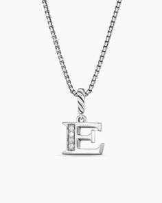 Pavé Initial Pendant Necklace in Sterling Silver with Diamond E White Gold Box Chain Necklace For Everyday Luxury, White Gold Necklace With Box Chain For Everyday Luxury, Classic Jewelry With Initial Pendant Box Chain, Classic Box Chain Jewelry With Initial Pendant, Elegant Jewelry With Initial Pendant On Box Chain, Classic Initial Pendant Jewelry With Box Chain, Classic Initial Pendant Box Chain Jewelry, Elegant Silver Custom Necklace With Initial Pendant, Silver Box Chain Necklace For Luxury