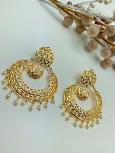 Beautiful and latest design.  Gold polished for lasting shine.  Light weight for easy wear. Perfect for weddings, parties or to give as a gift. Dimensions are shown in the pictures. Bridal Jewelry Indian, Gold Earrings Indian, Diamond Cuff Bracelet, Formal Jewelry, Jhumki Earrings, Bollywood Jewelry, White Pearl Necklace, Pakistani Jewelry, Prom Jewelry