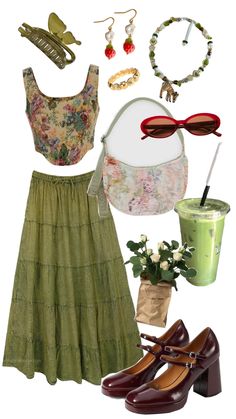 floral cottagecore summer outfit #inspo #aesthetic #green #cottagecore #floral #ootd #summer #pink #matcha Matcha Outfit, Pink Green Outfit, Cottagecore Summer Outfits, Cottagecore Aesthetic Outfits, Pink Matcha, Green Cottagecore, Cottagecore Pink, Cottagecore Summer, Outfit Inspo Aesthetic