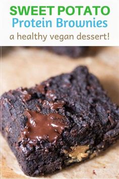 chocolate brownies with peanut butter on top and the words sweet potato protein brownies perfect for parties